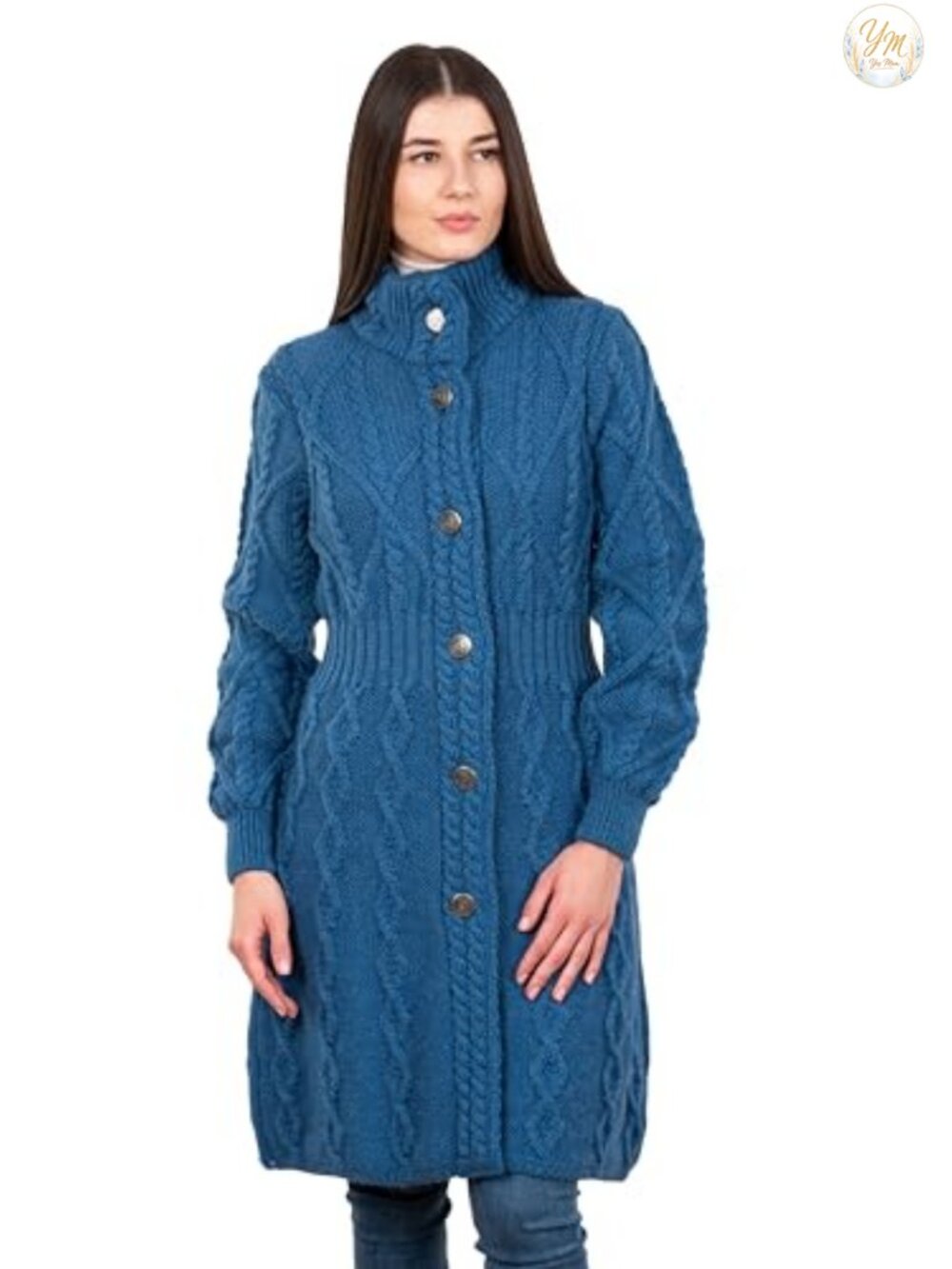 100% Merino Wool Celtic Knot Button Cardigan Coatigan Long Cable Knit